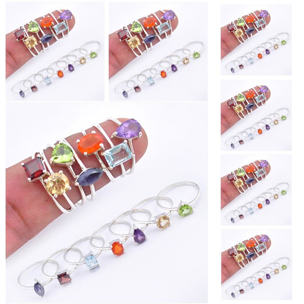 Wholesale lot of 7 multigemstone 925 silver chakra ring sets(size 5-9) 49 rings